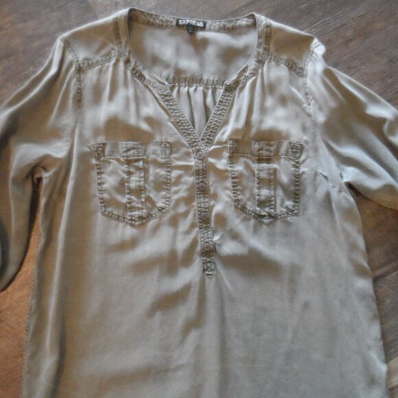 Shirt Dress Moss-Gray color Rolled-up-Button Sleeves Size Lg by Express - Picture 7 of 9